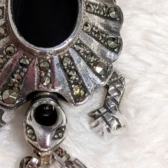 Vintage Sterling Silver, Onyx and Marcasite Turtle Pendant/Necklace - Picture 5 of 16